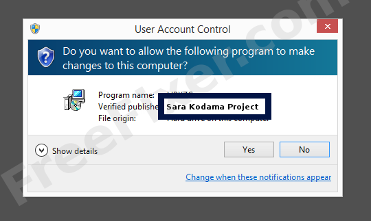 Screenshot where Sara Kodama Project appears as the verified publisher in the UAC dialog